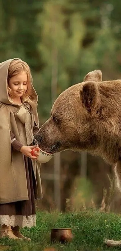 Girl interacts with bear in a lush forest scene.