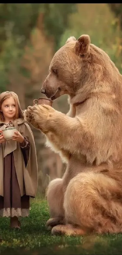 Girl and bear sitting in serene forest.