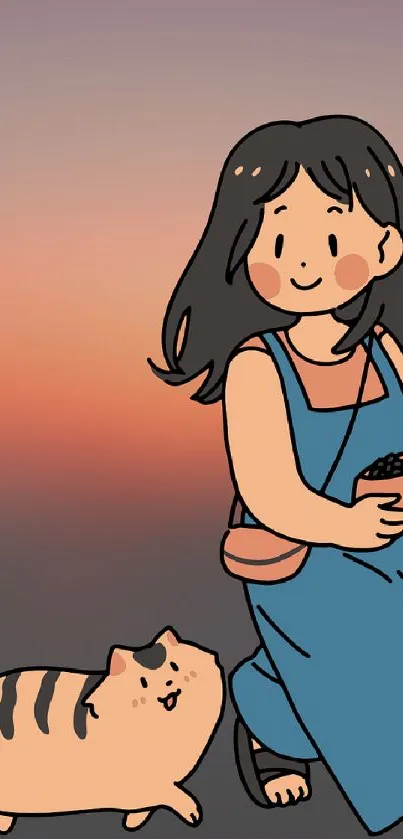 Illustration of girl with cat at sunset on phone wallpaper.