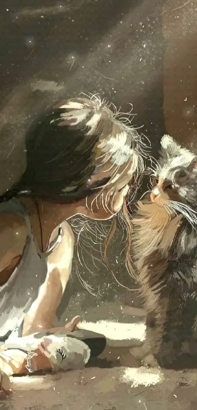 Girl and fluffy cat sharing a warm, sunlit moment in cozy artwork.