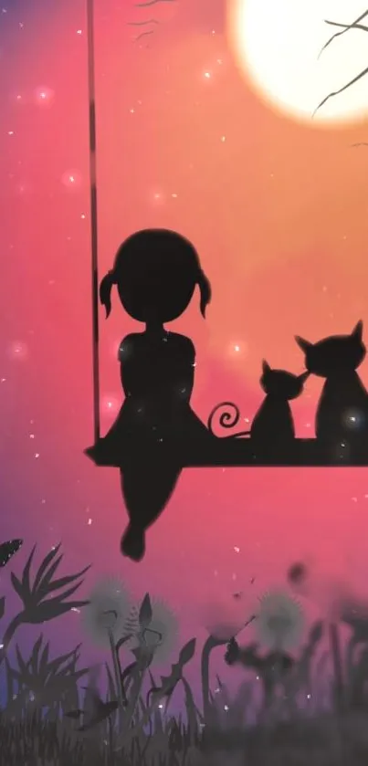 Silhouette of a girl and cats on a swing against a twilight sky.