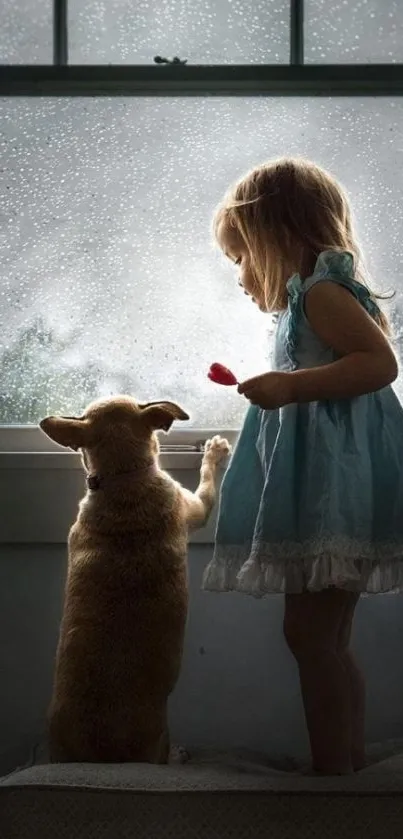 Girl and dog gazing out rainy window in soft blue light.