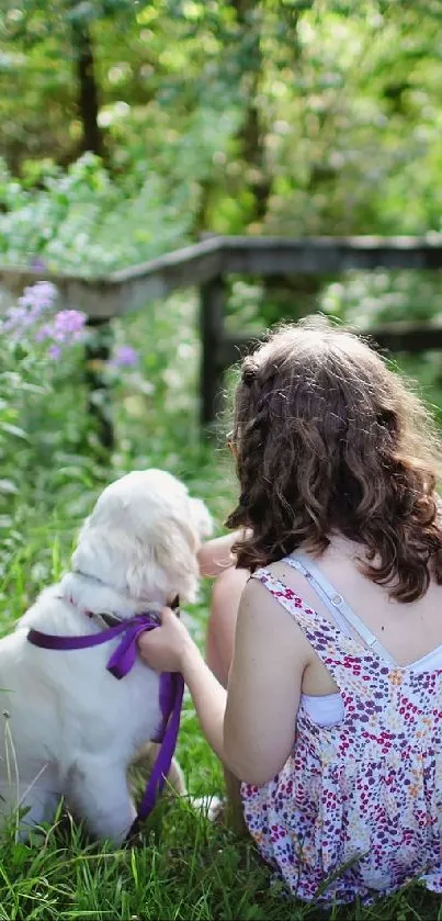 Girl and dog on a forest path surrounded by lush greenery.