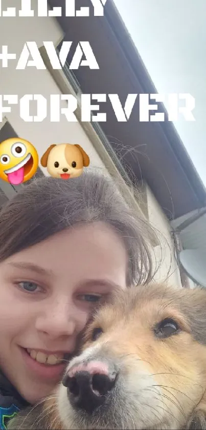 Girl and dog smiling selfie with text and emojis in the background.