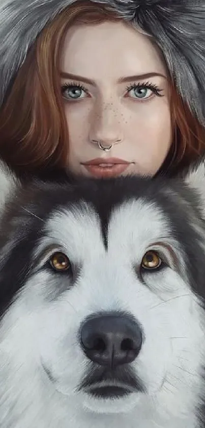 A stunning mobile wallpaper of a woman with a husky dog in a digital art style.