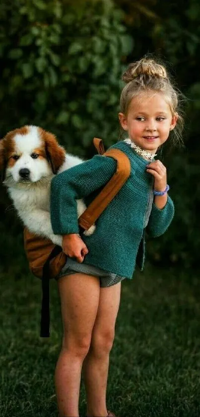 Young girl with puppy in backpack against green nature backdrop.