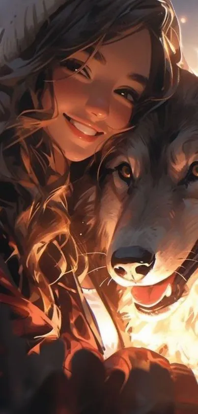 Digital artwork of a smiling girl with a wolf.