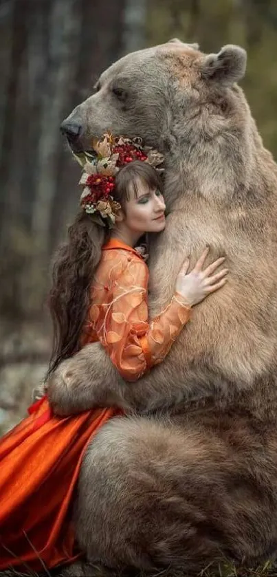 Girl in orange dress hugs a bear in a forest setting.