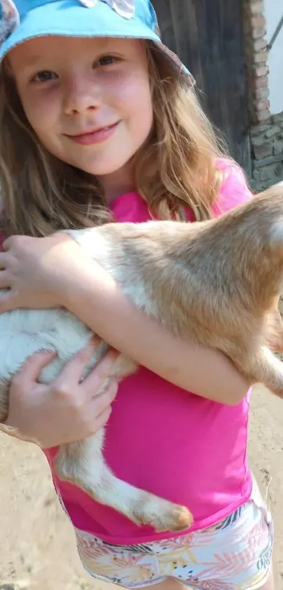 Girl holding a cute goat on a sunny day.