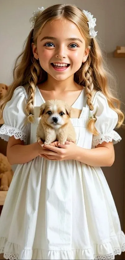 Smiling girl in white dress holding a puppy