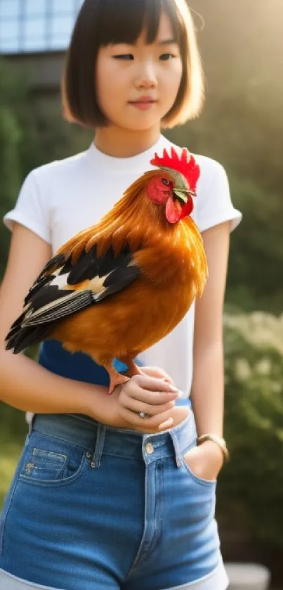 Girl holding a rooster in a lush garden setting, perfect for mobile wallpaper.