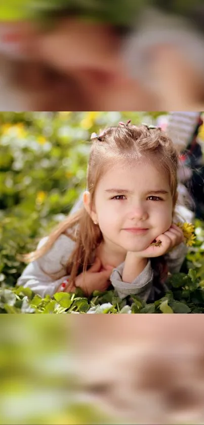 Young girl lying in green meadow, smiling peacefully.