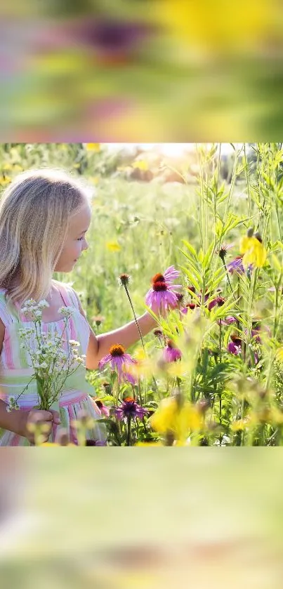 Girl exploring a sunlit meadow with colorful flowers and greenery.