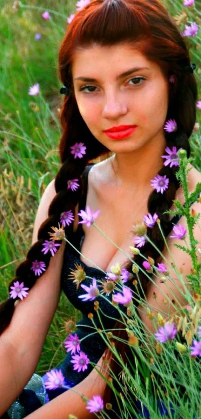 Girl with braided hair in a field of purple flowers.