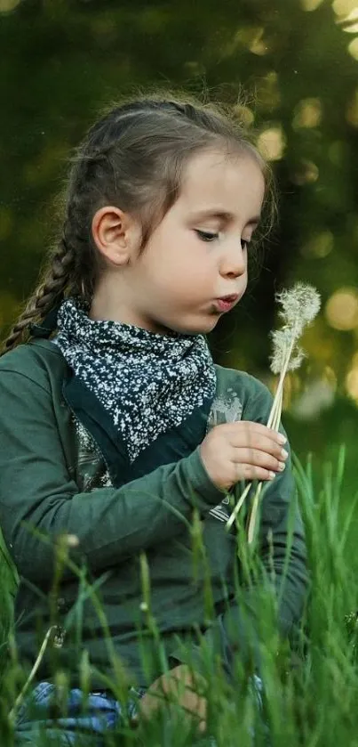 Young girl holding dandelion in green field.