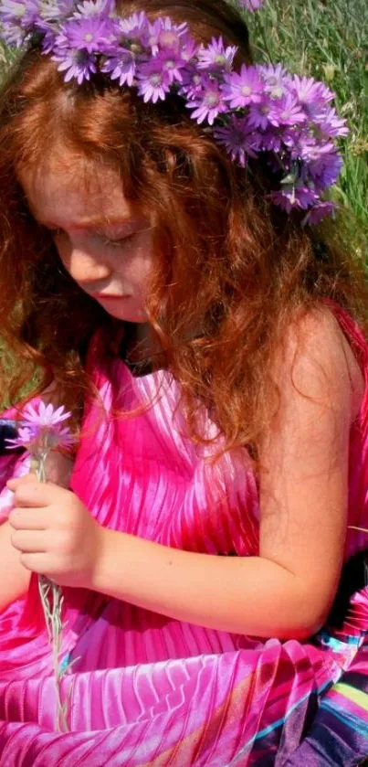 Girl in pink dress with flowers in a meadow background.