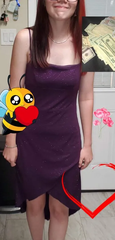 Girl in purple dress with playful illustrations and bee art.