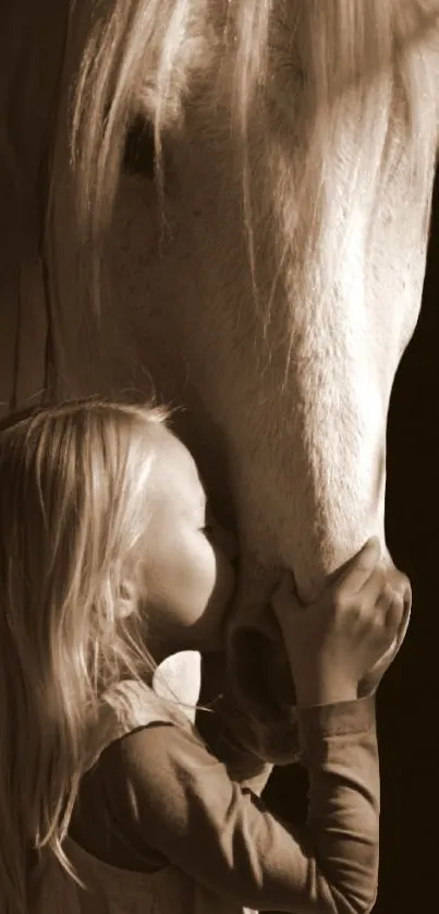 A young girl kisses a large white horse in sepia tones, showing affection.