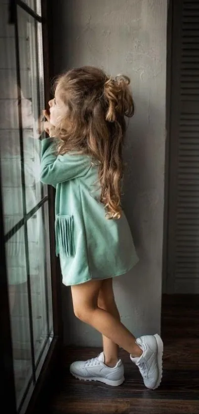 Little girl in green dress looking out window.