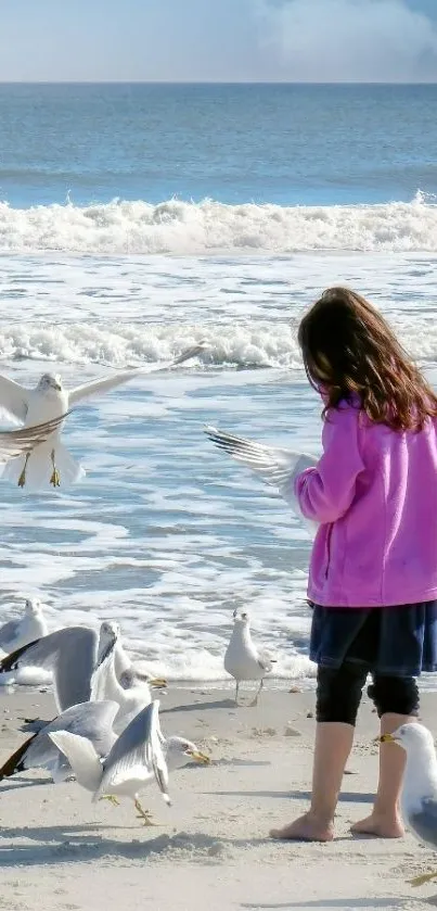 Young girl on beach with seagulls and ocean waves.