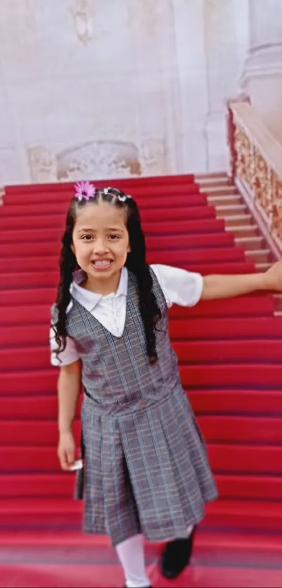 Girl in school uniform on a red carpet staircase