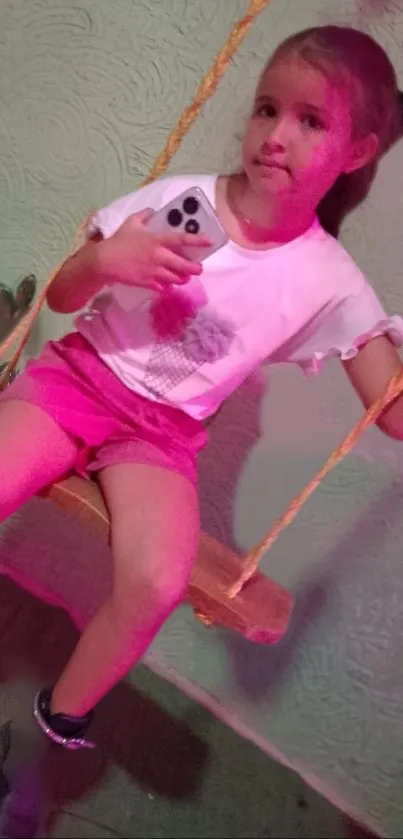 Young girl on a swing holding a smartphone in a pink-themed setting.