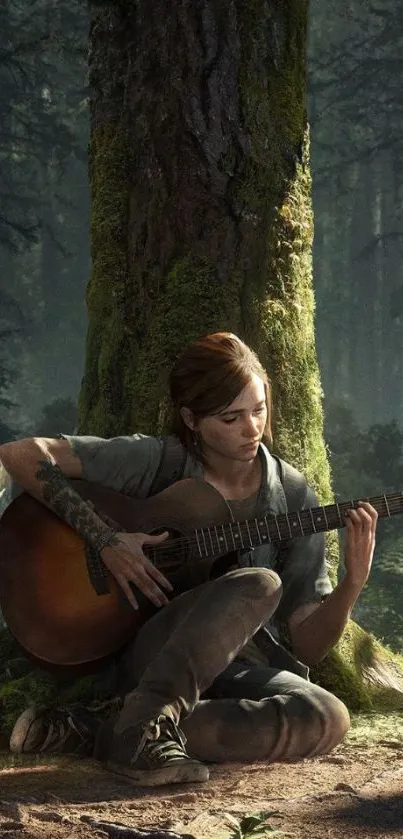 Girl playing guitar under a tree in a tranquil forest scene.