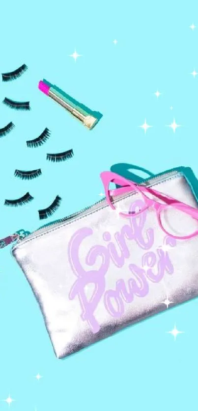 Cyan background with 'Girl Power' clutch and pink glasses.