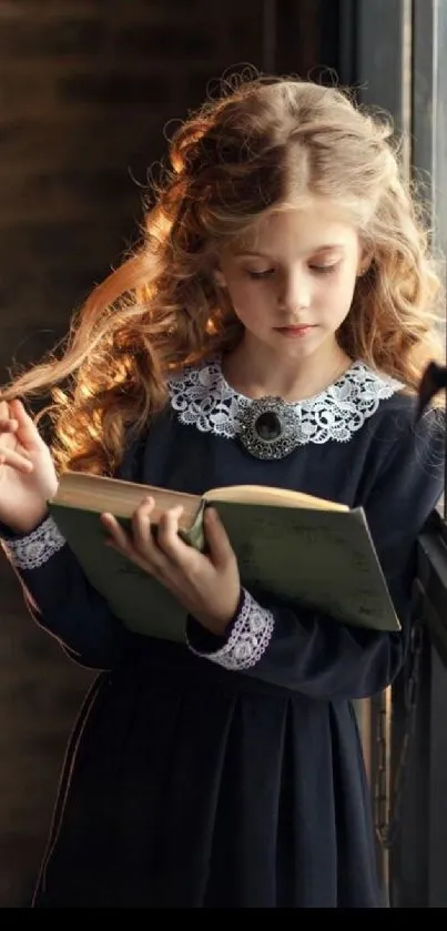 Young girl reading a book by the window in soft light.