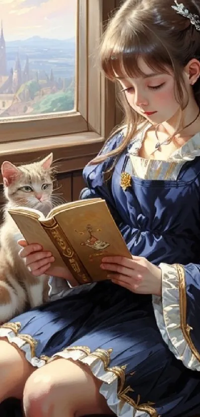 Wallpaper of a girl reading with a cat in a cozy, scenic room.