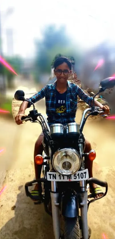 Girl confidently riding a motorcycle with vibrant energy and colorful background.