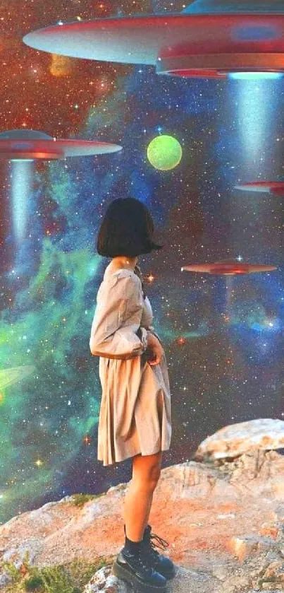 Surreal scene with a girl under spaceships in a cosmic setting.