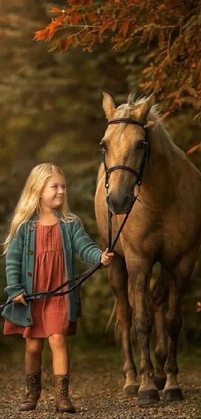 Girl and horse walking in autumn forest scene.