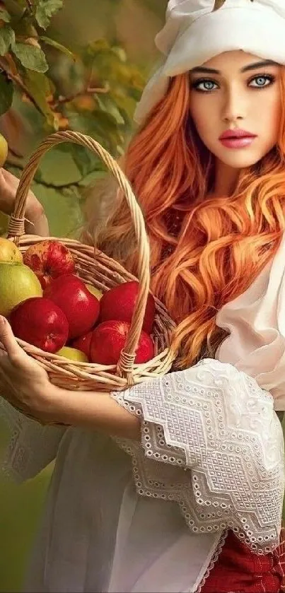 Girl with orange hair holding an apple basket.