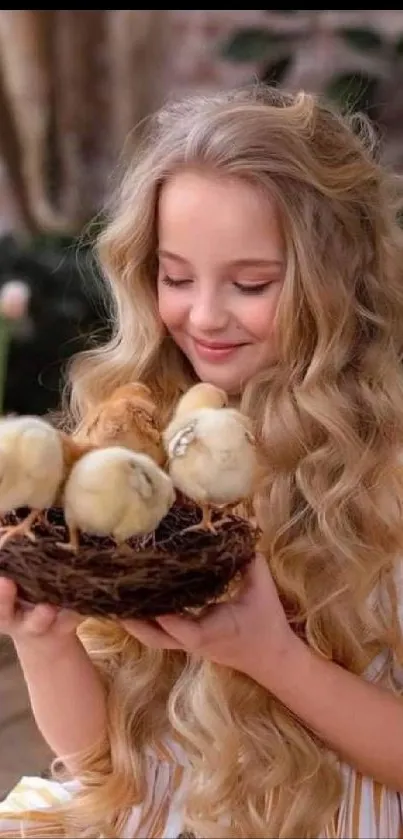 Girl with long hair holding baby chicks in a nest.