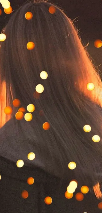 Silhouette of a girl with glowing bokeh lights in warm orange tones.