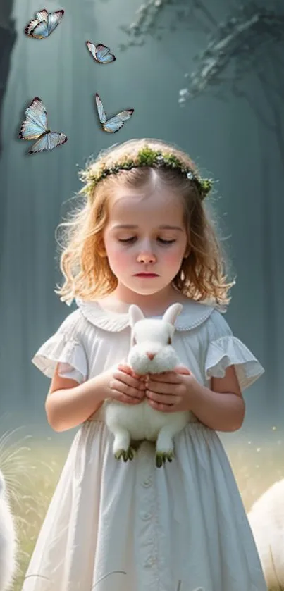 Young girl in forest holding bunny, surrounded by butterflies.