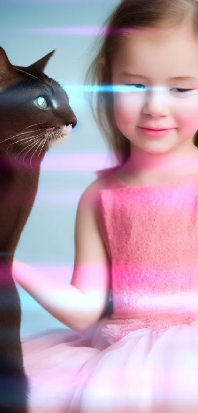 Young girl in pink dress with a dark cat and tiara.