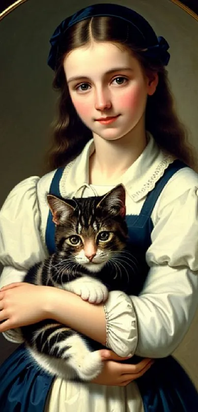 Portrait of a young girl holding a tabby cat, painted in a vintage and classic style.