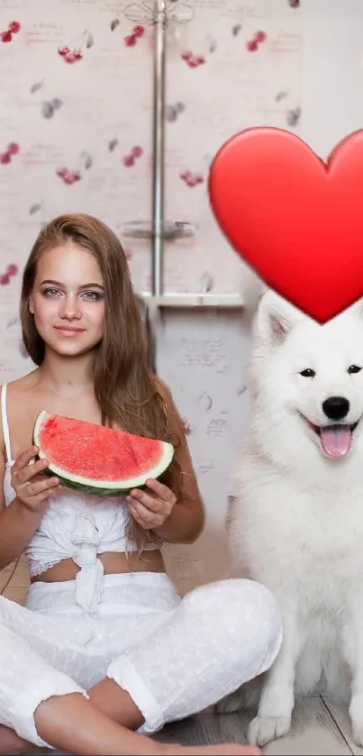 Girl holding watermelon next to smiling white dog with heart.