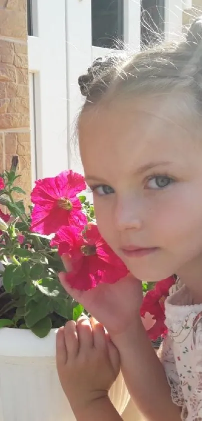 Young girl with a pink flower pot in sunlight.