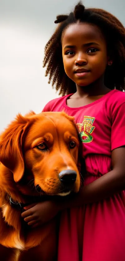 Girl in pink dress with a golden dog in nature.