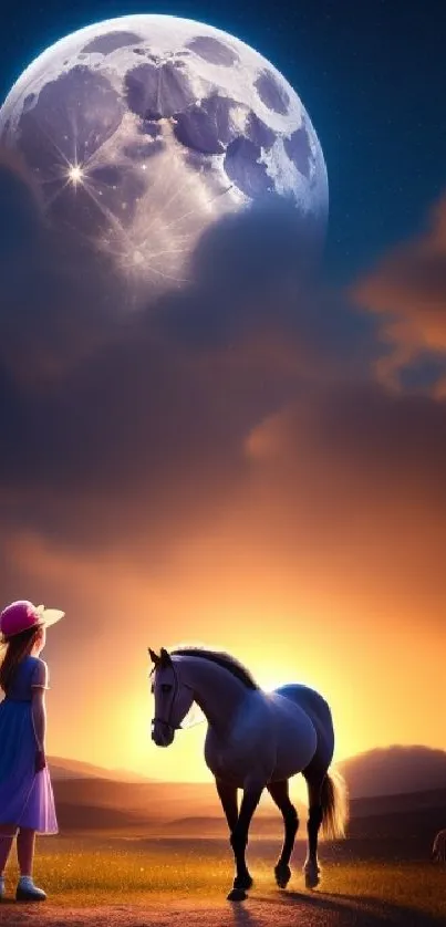 Girl and horse under a luminous moon in a serene nighttime landscape.