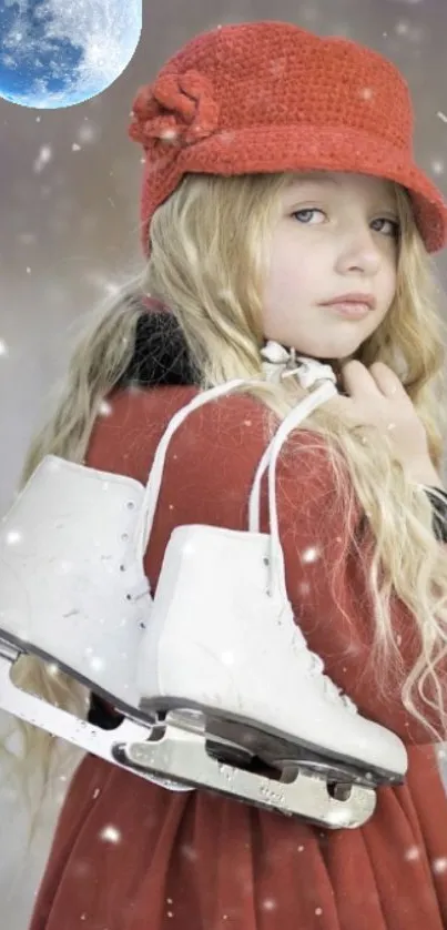 Girl wearing red coat with ice skates under a snowy sky.