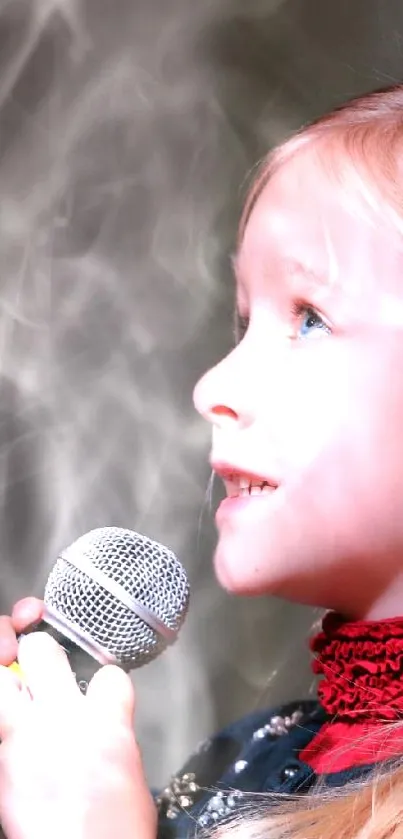 Young girl holding a microphone, expressing musical talent.