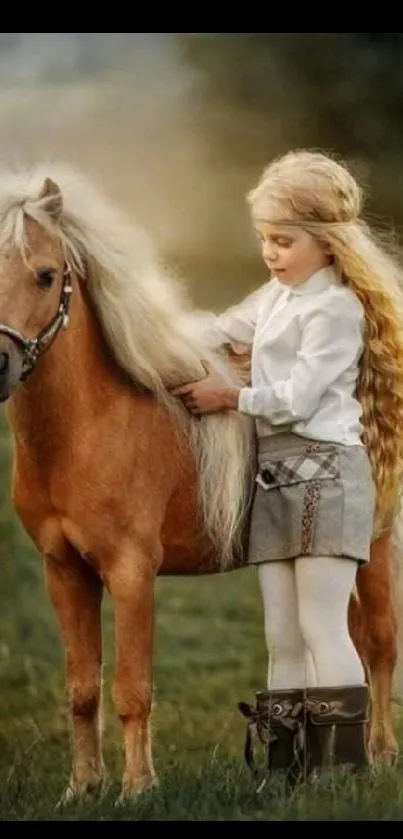 Little girl with pony in a meadow mobile wallpaper.