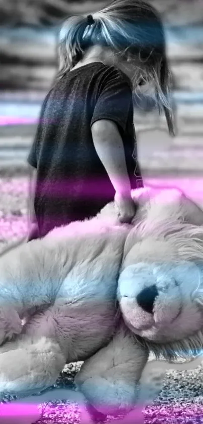 Young girl carrying a teddy bear with colorful accents in the background.