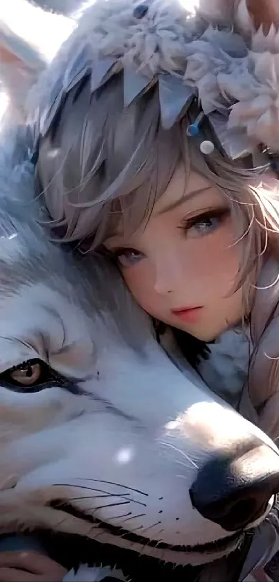 Anime girl nestled with a wolf in a snowy forest setting.