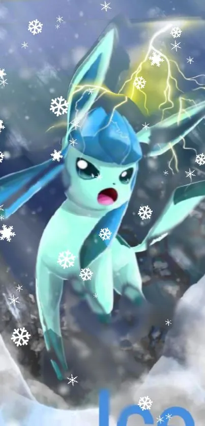 Glaceon braving a storm with dramatic lightning and snowflakes.