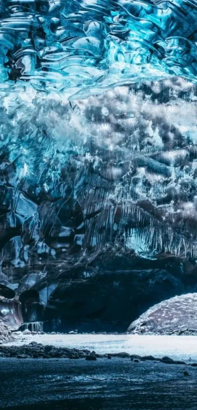 Majestic glacier ice cave with shimmering blue tones.